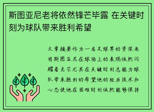 斯图亚尼老将依然锋芒毕露 在关键时刻为球队带来胜利希望